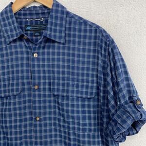 EMS Shirt Mens M Performance Check Button Up Roll Tab Sleeve Nylon Blue